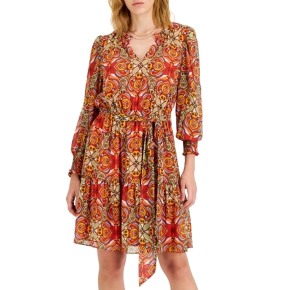 INC International Concepts Dresses & Skirts - International‎ Concepts Printed Blouson-Sleeve Dress Arabesque Combo Orange 12